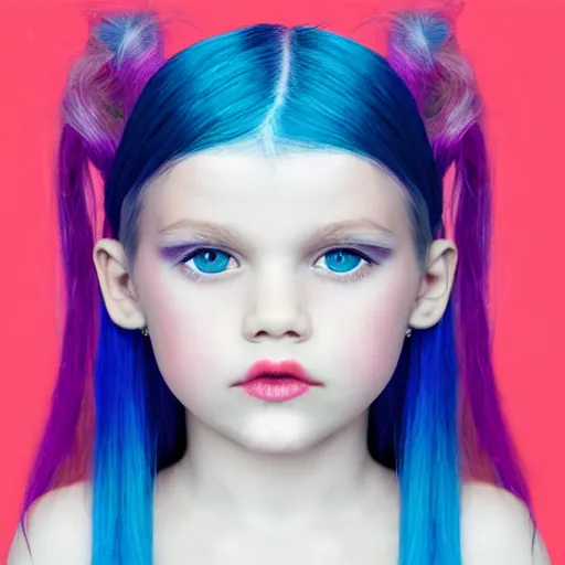 Prompt: symmetrical portrait of a girl with split hair colouring, half blue and half red colour