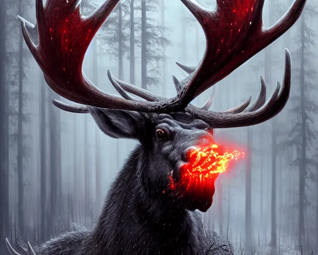 Image similar to 5 5 mm close up portrait photo of an armored demonic burning moose with red eyes and antlers and looking at the camera, in a magical forest. dark atmosphere. art by greg rutkowski and luis royo. highly detailed 8 k. intricate. lifelike. soft light. nikon d 8 5 0.