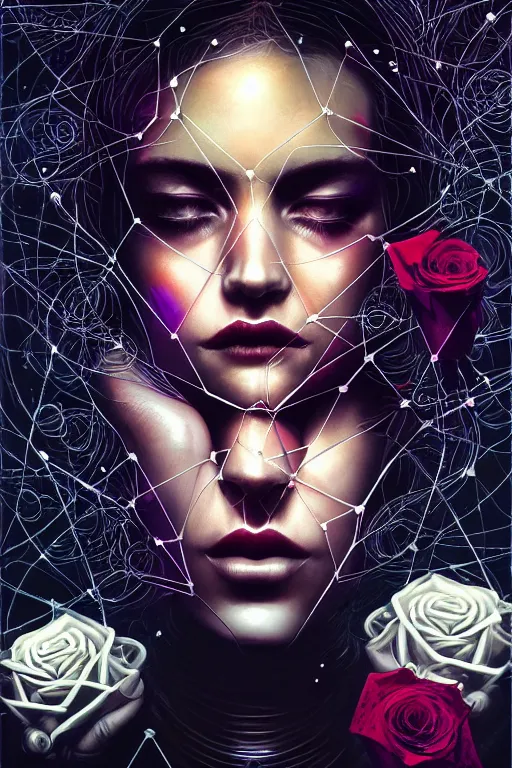 Prompt: dreamy cyberpunk space princess smelling a rose, abstract black leather, digital nodes, beautiful woman, detailed acrylic, grunge, intricate complexity, by dan mumford and by lee jeffries, peter lindbergh