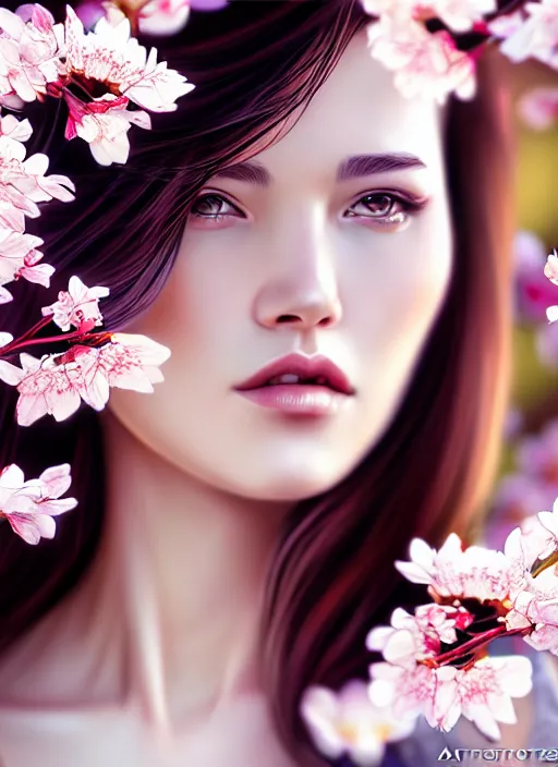 Image similar to photo of a gorgeous female in the style of stefan kostic, realistic, half body shot, sharp focus, 8 k high definition, insanely detailed, intricate, elegant, art by stanley lau and artgerm, extreme blur cherry blossoms background