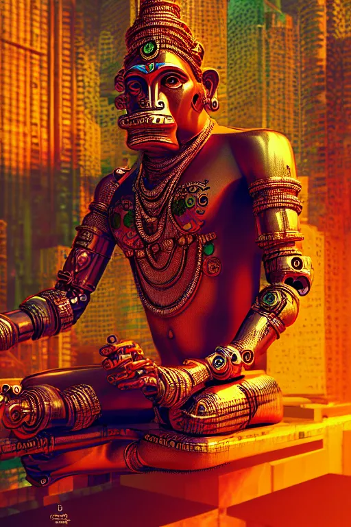 Image similar to high quality 3 d render colorful post - modern cyborg! hanuman sitting, gold madhubani, highly detailed, cyberpunk!! mumbai in the background, vray cinematic smooth, liam wong, moody light, low angle, uhd 8 k, sharp focus