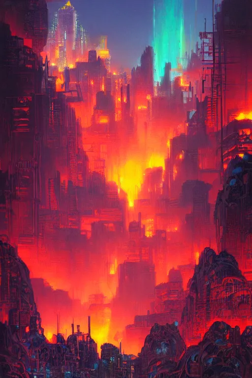 Image similar to a cyberpunk city in the crater of a volcano, lava flowing, smoke, fire, neon, industrial, by paul lehr, jesper ejsing