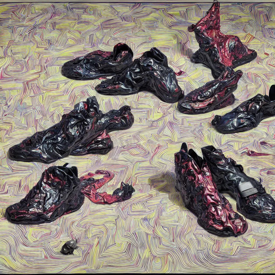 Image similar to futuristic balenciaga sneakers, nft art, highly detailed, hyper realistic, art by todd mcfarlane, by ( ( ( lucian freud ) ) ) and gregory crewdson and francis bacon