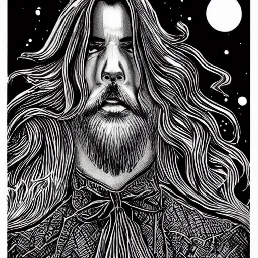 Image similar to black and white pen and ink!!!!!!! Twin Peaks Black Lodge goetic vampire handsome beard golden!!!! Vagabond!!!! floating magic swordsman!!!! glides through a beautiful!!!!!!! liquid magic floral crystal battlefield dramatic esoteric!!!!!! Long hair flowing dancing illustrated in high detail!!!!!!!! by Moebius and Hiroya Oku!!!!!!!!! graphic novel published on 2049 award winning!!!! full body portrait!!!!! action exposition manga panel black and white Shonen Jump issue by David Lynch eraserhead and beautiful line art Hirohiko Araki!! Rossetti, Millais, Mucha, Jojo's Bizzare Adventure