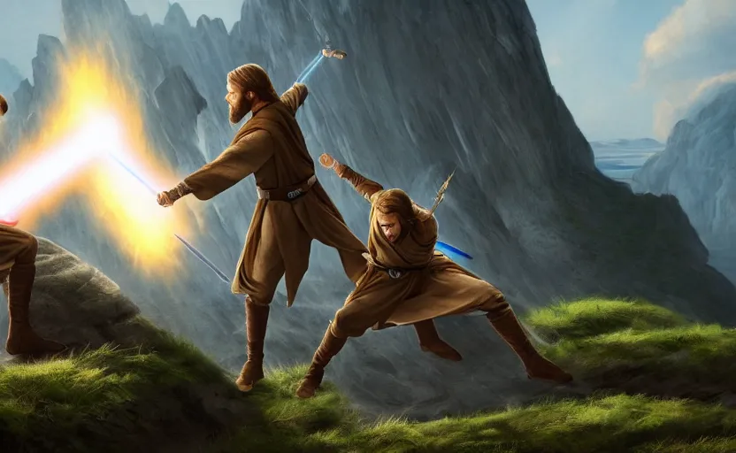 Image similar to anakin skywalker and obi wan kenobi engaging in an epic duel on a cliffside, epic, fantasy artwork, intense, cinematic, raytracing, dynamic lighting, 4 k