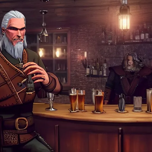 Prompt: geralt of rivia drinking manhattan cocktail in new york speak - easy bar