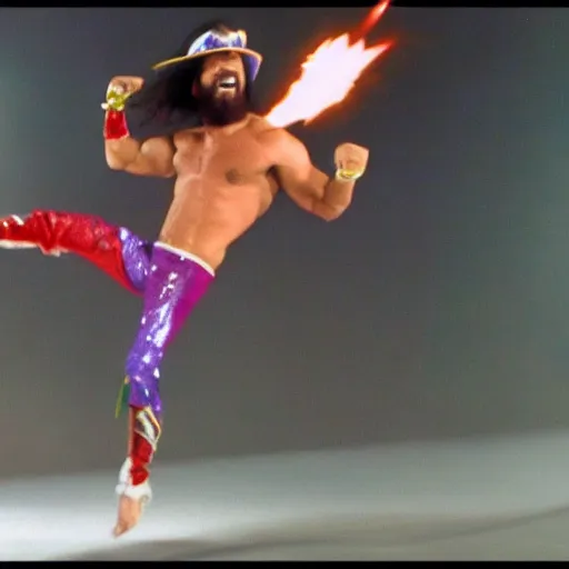 Prompt: Macho Man Randy Savage performing elbow drop from orbit. Reentry burn, Space, Extreme wide shot, long shot, High Quality, 4k