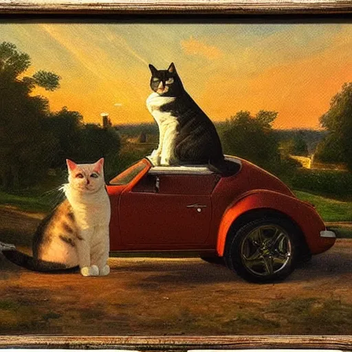 Image similar to corvette with cats sitting in and on the car, old dutch painting, golden hour, shadows, wide shot