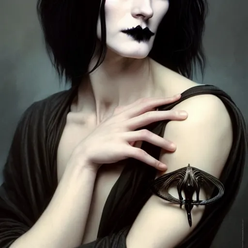 Prompt: portrait painting of an androgynous goth witch with shoulder length flowing black hair pale skin and beautiful dark brown eyes, ultra realistic, concept art, intricate details, eerie, highly detailed, photorealistic, octane render, 8 k, unreal engine. art by artgerm and greg rutkowski and alphonse mucha