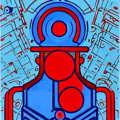 Prompt: symmetrical blue and red, mysterious figure looking at a distant machine, art