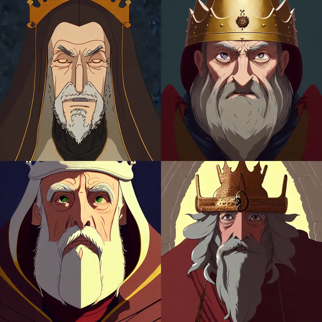 Image similar to portrait of a medieval old king, artstation, cartoon, elegant, highly detailed, digital painting, concept art, smooth, sharp focus, illustration, art by studio ghibli, makoto shinkai, don bluth, fujita goro, jean giraud, atey ghailan, akihiko yoshida, tom whalen, anton fadeev 8 k