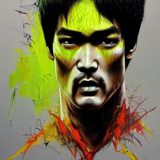 Image similar to a demon slayer portrait of bruce lee, tall, pale - skinned, and slender with lime green eyes and long eyelashes by stanley artgerm, tom bagshaw, arthur adams, carne griffiths, trending on deviant art, street art, face enhance, chillwave, maximalist, full of color, glittering