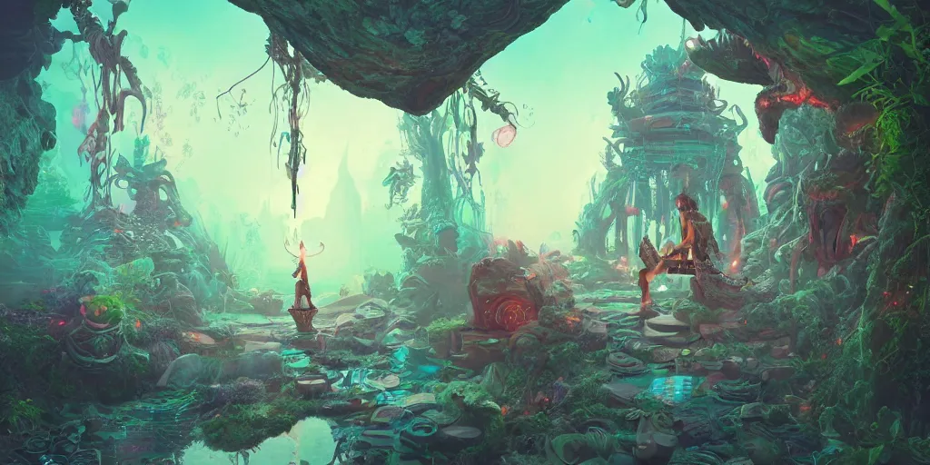 Image similar to 3 d scene of temple portal modelling goddess close - woodsman wearing a steampunk and neonpunk mechanical fluorescent mystical animal mask in strange misty mountain landscape. betta fish, jellyfish phoenix, bio luminescent, plasma, ice, water, wind, creature, artwork by tooth wu and wlop and beeple and greg rutkowski