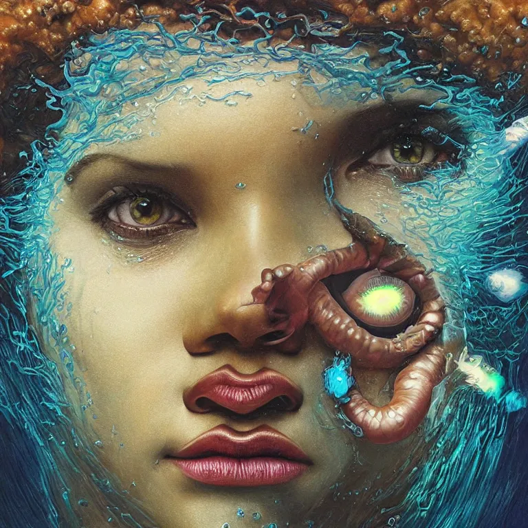 Prompt: Hyperrealistic intensely colored close up studio Photograph portrait of a deep sea bioluminescent Rihanna, symmetrical face realistic proportions eye contact, sitting in Her throne underwater, award-winning portrait oil painting by Norman Rockwell and Zdzisław Beksiński vivid colors high contrast hyperrealism 8k