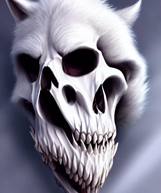 Prompt: male anthropomorphic white wolf skull furry, cute - fine - face, pretty face, key visual, realistic shaded perfect face, fine details by stanley artgerm lau, wlop, rossdraws, james jean, andrei riabovitchev, marc simonetti, and sakimichan, trending on artstation