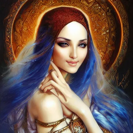 Image similar to a beautiful arabian woman by karol bak, ayami kojima, artgerm, arabian beauty, blue eyes, smile, concept art, fantasy