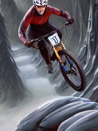 Image similar to handsome man riding a mountain bike in the wild, downhill. intricate, elegant, highly detailed, digital painting, artstation, cinematic shot, concept art, sharp focus, illustration, by justin gerard and artgerm, 8 k