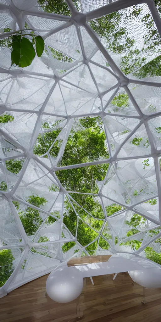 Prompt: inside inflatable organic timber home. translucent white the inflatable fabric. very tall double - height living room and kitchen. mesh fabric strong woven texture. geodesic cellular geometry. hydroponic garden. architectural photography. unreal engine, 4 k, 8 k. volumetric lighting.