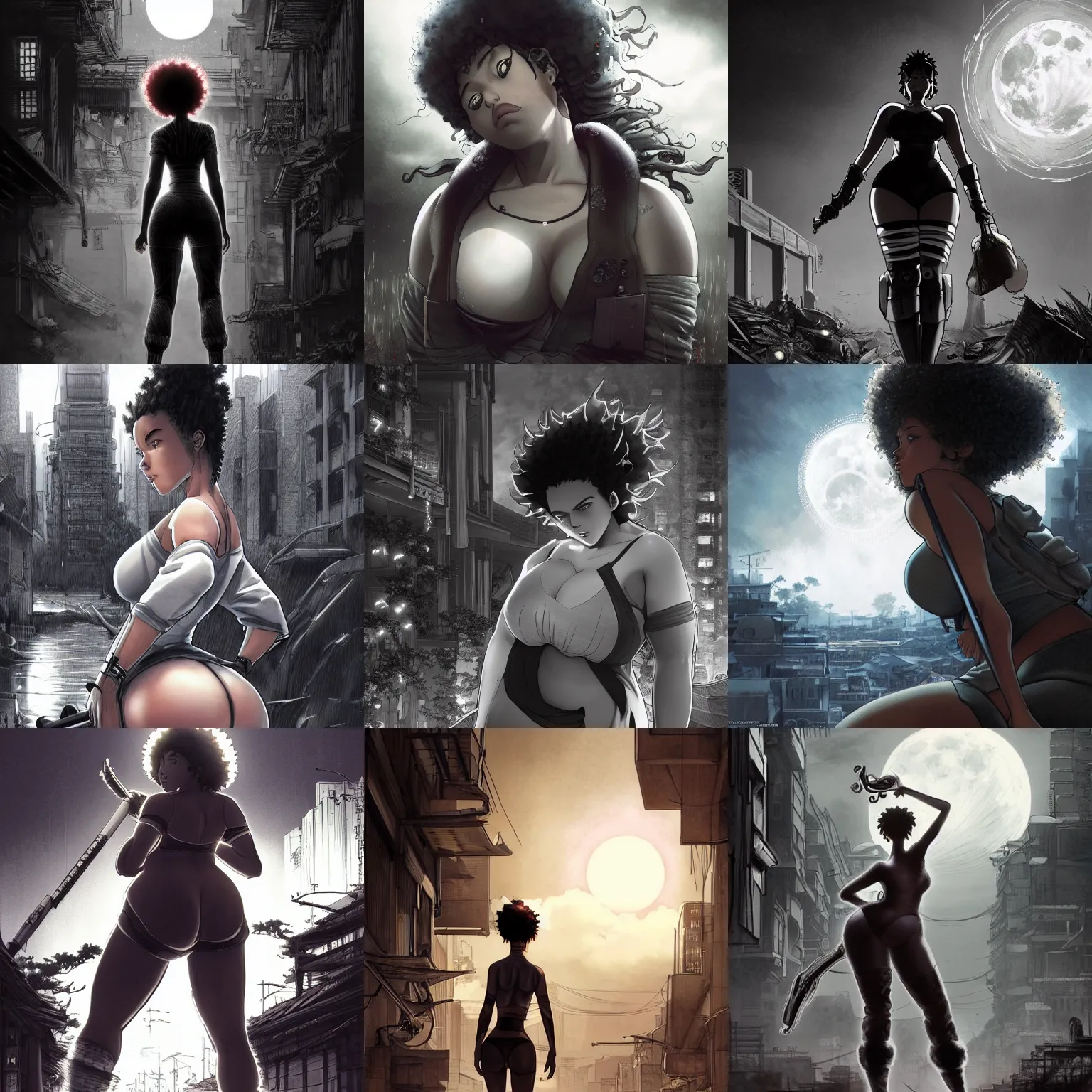 Prompt: realistic, elegant, intricate detail, plus size, thicc, scarlett johansson, afro samurai anime style, full body profile, dynamic wide angle lens, manga style, by rey bustos and greg rutkowski, pencil and ink, full moon lighting, fully clothed, hot pants, in a post apocalyptic city, dramatic lighting,