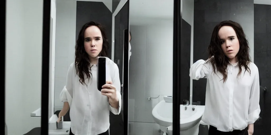 Image similar to ultra wide angle photo of ellen page dressed in a white blouse and black dress pants looks at herself in a bathroom mirror and sees her reflection as a male version of her self