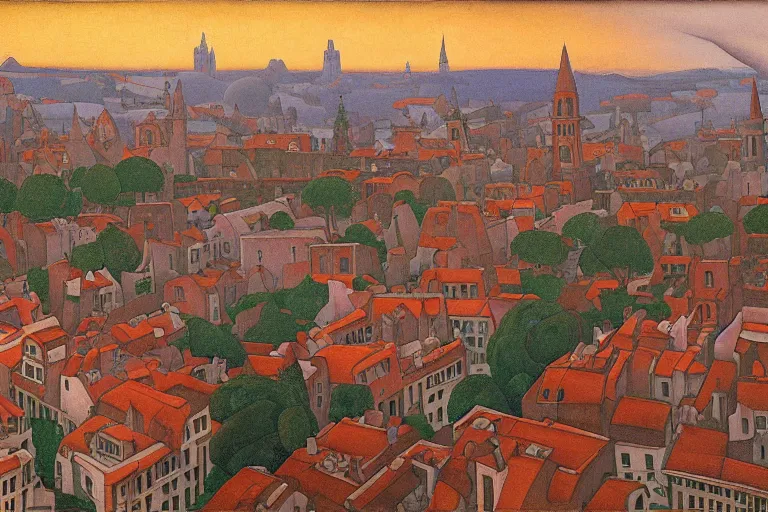 Image similar to view of the old city and its tree-lined winding streets after a storm, tall windows lit up, beautiful ornamental architecture, dramatic cinematic lighting, rich colors, by Nicholas Roerich and and Caspar David Friedrich and ford madox brown and April Gornik and ((Diego Rivera)), featured on artstation