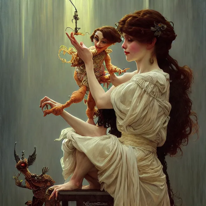 Image similar to ventriloquist, fantasy, intricate, elegant, highly detailed, lifelike, photorealistic, digital painting, artstation, illustration, concept art, smooth, sharp focus, art by John Collier and Albert Aublet and Krenz Cushart and Artem Demura and Alphonse Mucha