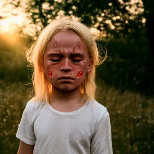 Image similar to Midsommar cult portrait of child with blond hair crying under harsh sunlight cinematic lighting film still