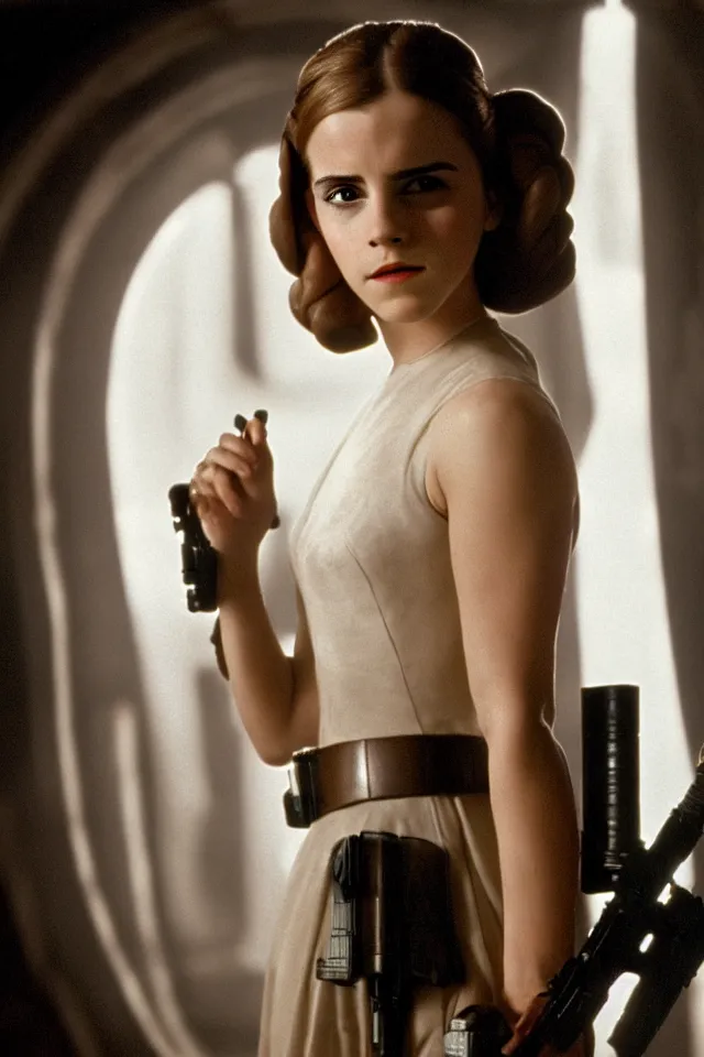 Image similar to Emma Watson as Princess Leia, posing for a Portrait. Still from Star Wars: A New Hope. 4K HD Wallpaper. Premium Prints Available.