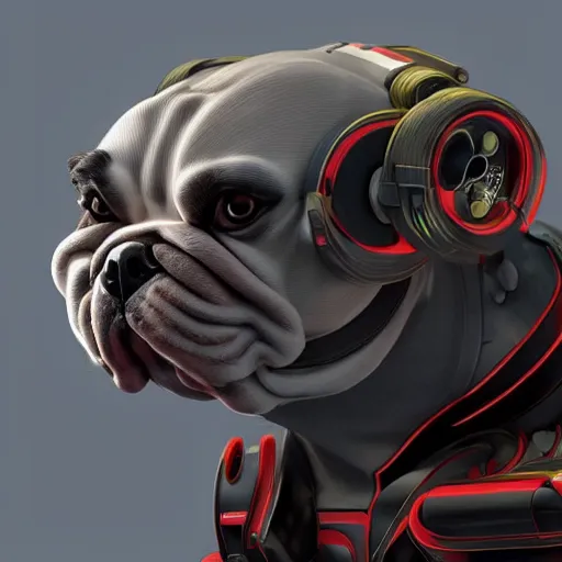 Image similar to « a cartoon cyborg bulldog sitting down, cyberpunk digital art by greg rutkowsky, cgsociety, 2 d art, cartoon, future tech, sketchfab »