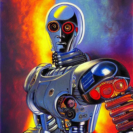 Prompt: futurist cyborg knight, perfect future, award winning art by alan bean, sharp color palette