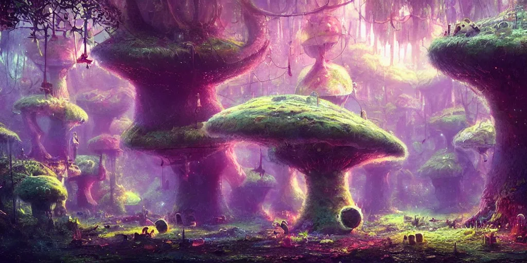 Image similar to ”cute furry creatures living in giant mushroom houses in a mysterious fantasy forest, [bioluminescense, rope bridges, art by wlop and paul lehr, cinematic, colorful]”