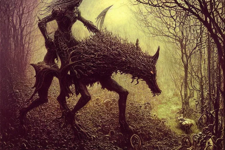 Prompt: knight, wolves in enchanted lovecraftian garden by jean delville, luis royo, beksinski, grimshaw