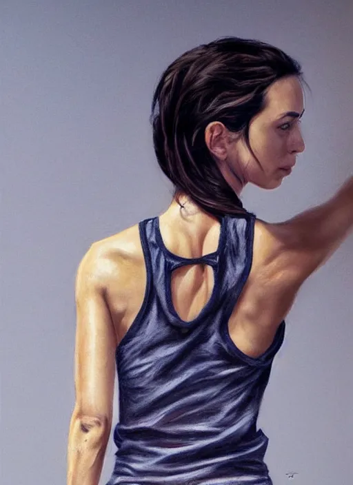 Image similar to full length photo of a suffering Oona Chaplin in a tanktop in the style of stefan kostic, not realistic, sharp focus, 8k high definition, insanely detailed, intricate, elegant, art by stanley lau and artgerm