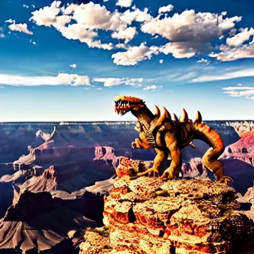 Prompt: candid photograph of a deathclaw roaming the grand canyon with a bright blue sky with many clouds in the background, 8 k, very detailed, very intricate,