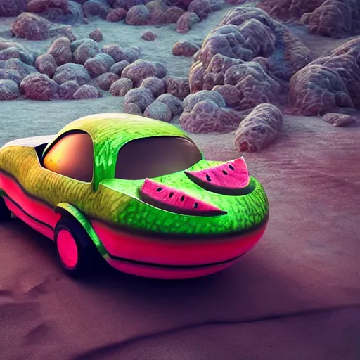 Image similar to Very very very very highly detailed sci-fi Watermelon vehicle. Photorealistic Concept 3D digital art rendered in Highly Octane Render in style of Hiromasa Ogura Gost in the shell, less Watermelon more vehicle, epic dimensional light