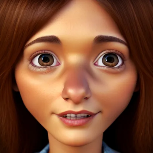 Image similar to A portrait of a mother, a cute 3d cgi toon woman with brown hair in a Bob, brown eyes, full face, olive skin, romanian heritage, medium shot, mid-shot, hyperdetailed, 8k, trending on artstation, as a Pixar character