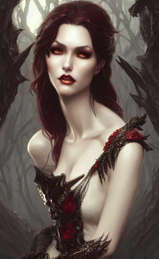 Image similar to desirable Vampire woman, fantasy, intricate, elegant, highly detailed, digital painting, artstation, concept art, matte, sharp focus, illustration, art by artgerm and Greg Rutkowski, dreadjim, zeen chin