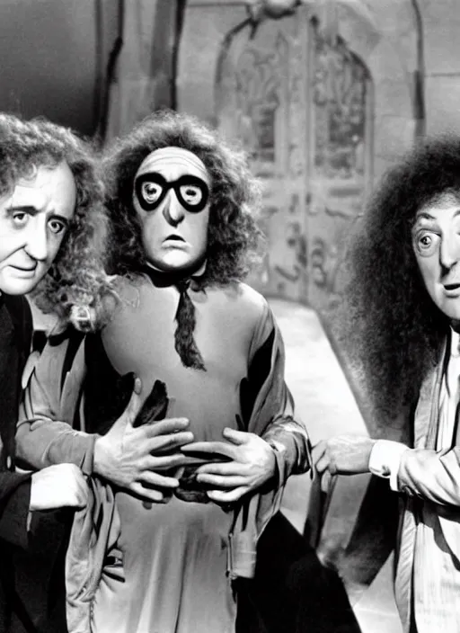 Image similar to Billy Wilder, Marty Feldman and weird al Yankovic in a still of the movie Young Frankenstein, hyperrealistic, cinema