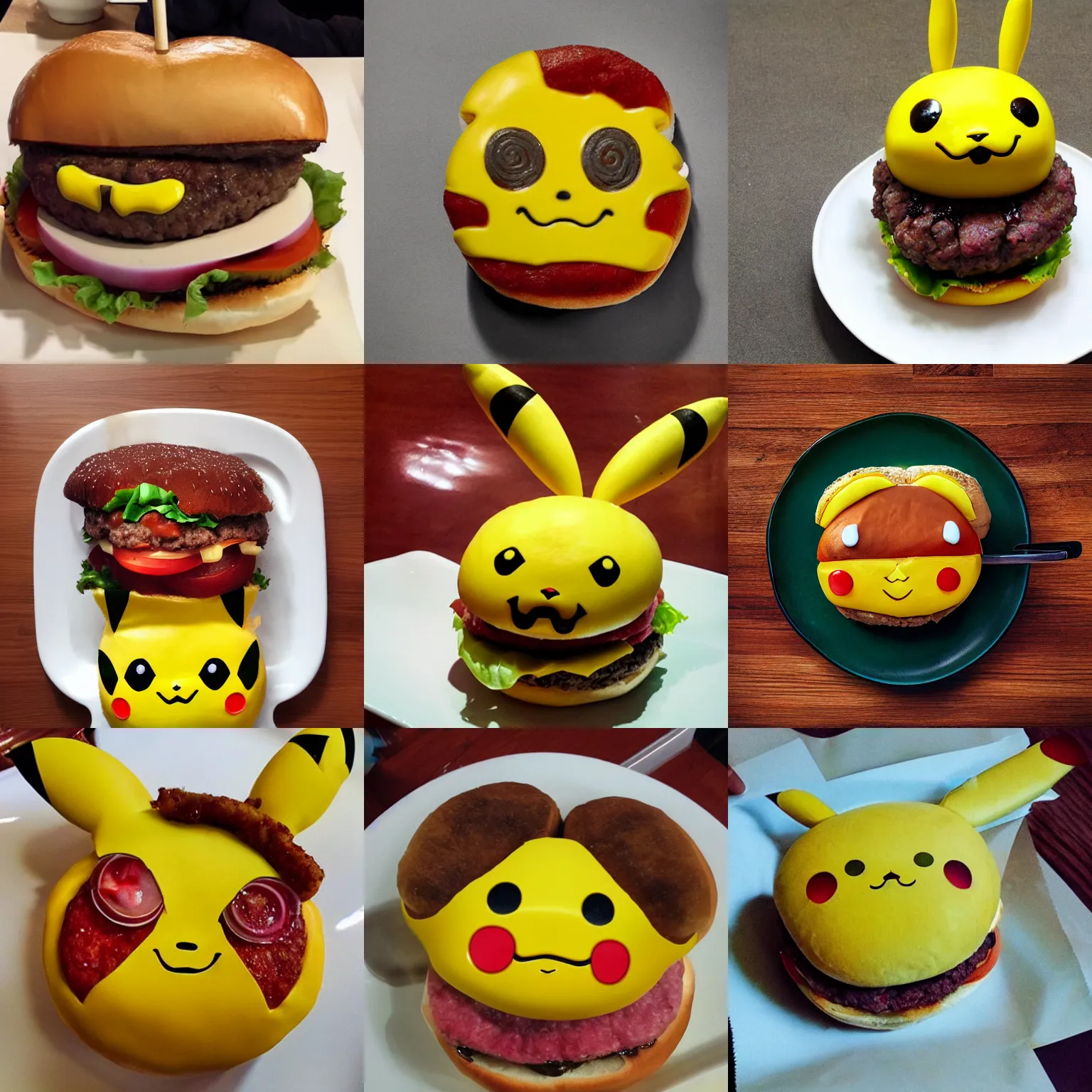 Prompt: burger in the shape of pikachu, photo