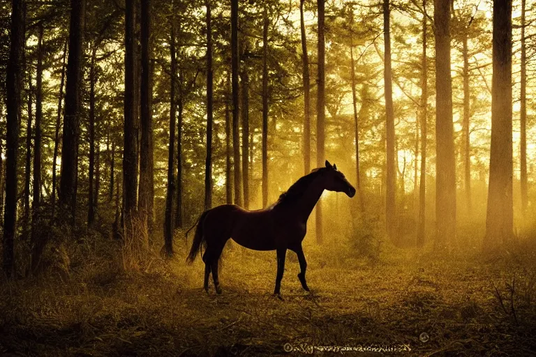 Image similar to beautiful horse in the forest evening natural light, fireflies, 85mm by Emmanuel Lubezki