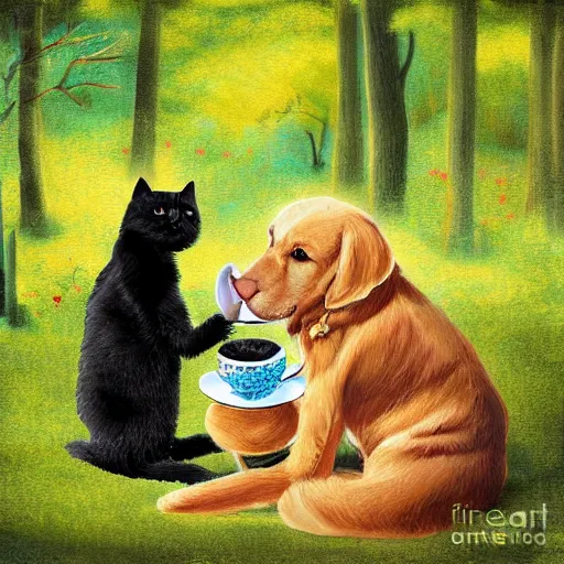 Image similar to digital art painting, golden retriever and a black kitty having a tea party in the forest