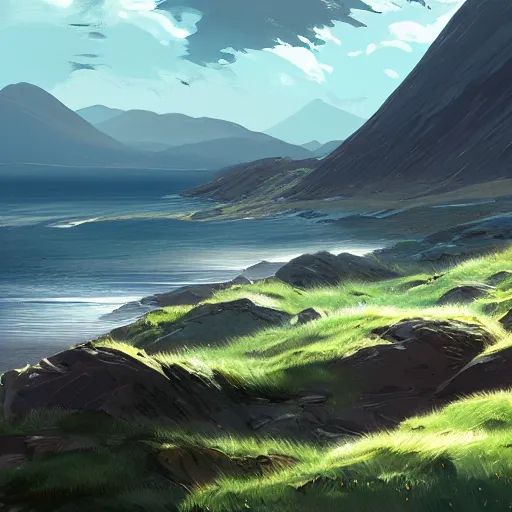 Image similar to the mountains of mourne in ireland sweeping down to the sea, highly detailed, digital painting, concept art, sharp focus, by makoto shinkai