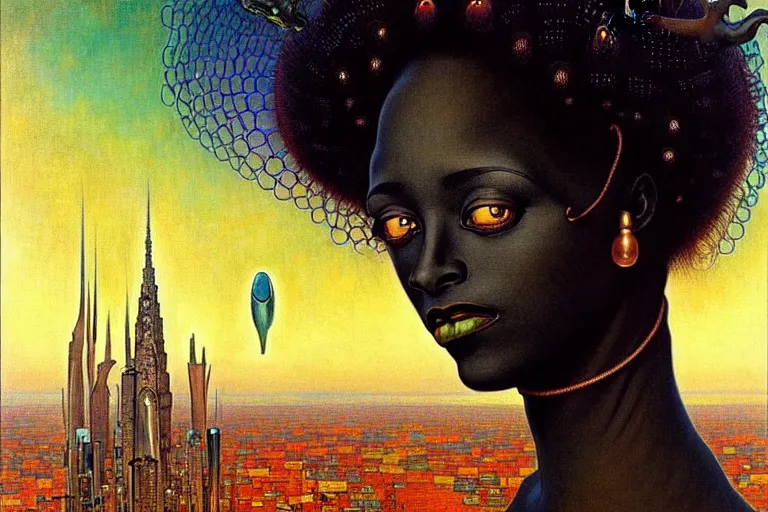 Image similar to realistic extremely detailed portrait painting of a beautiful black woman with an alien, city street on background by Jean Delville, Amano, Yves Tanguy, Ilya Repin, Alphonse Mucha, Ernst Haeckel, James C. Christensen, Edward Robert Hughes, Roger Dean, rich moody colours