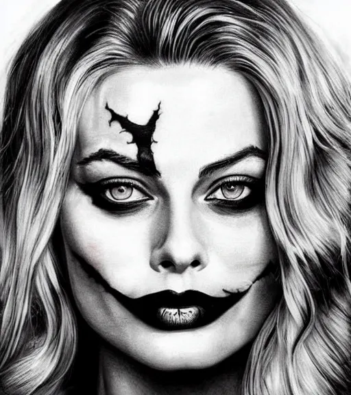 Image similar to tattoo design sketch of beautiful margot robbie portrait with joker makeup, in the style of den yakovlev, realistic face, black and white, realism tattoo, hyper realistic, highly detailed