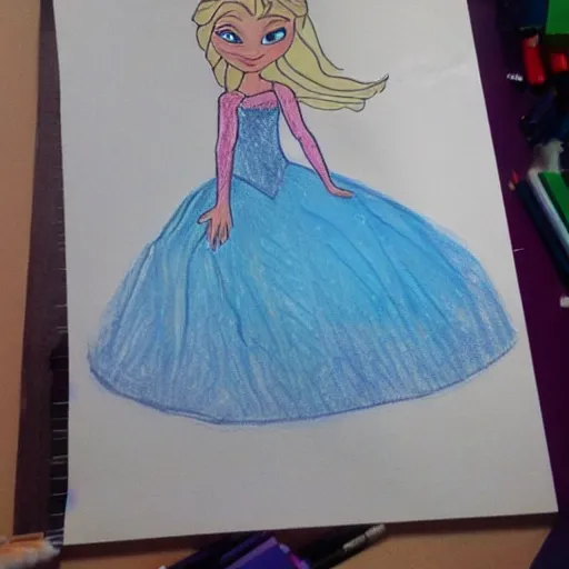 Prompt: child's drawing of elsa from frozen.