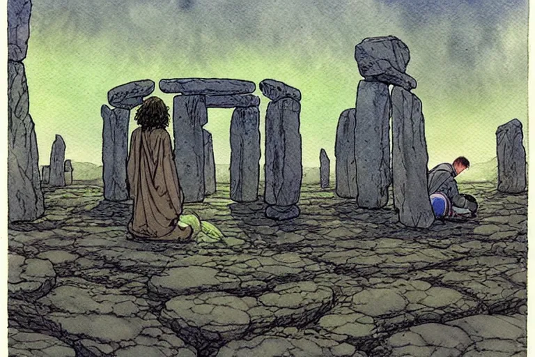 Image similar to a realistic and atmospheric watercolour fantasy concept art of a ufo landing in a floating stonehenge. one dirty medieval monk in grey robes is on his knees praying to the ufo. muted colors. by rebecca guay, michael kaluta, charles vess and jean moebius giraud