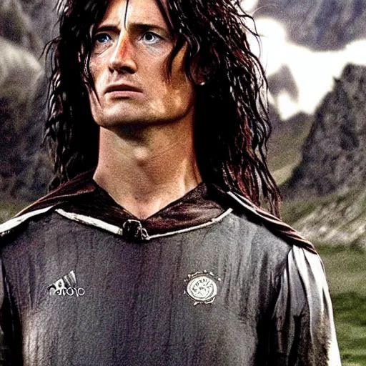 Image similar to a close shot of robert lewandowski as aragorn in the lord of the rings movie,,, fantasy, lord of the rings, movie screen shot