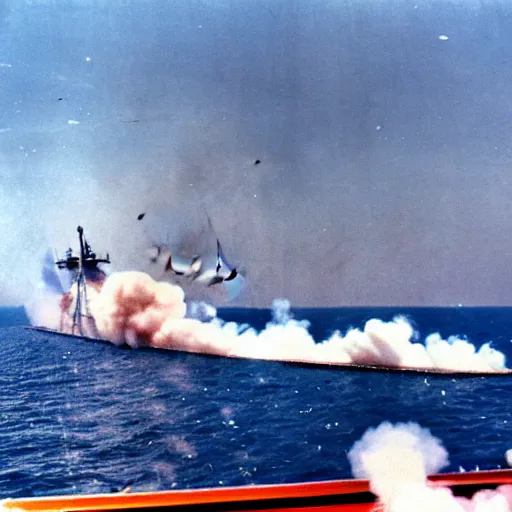 Prompt: view from the deck of a batteship firing a broadside, kamikaze planes diving, world war ii, high resolution colour photo