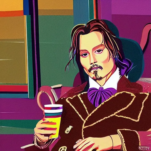 Image similar to Johnny Depp is covered in a blanket and drinking tea in Willy Wonka's Chocolate Factory, Illustration, Colorful, by Liu Wei