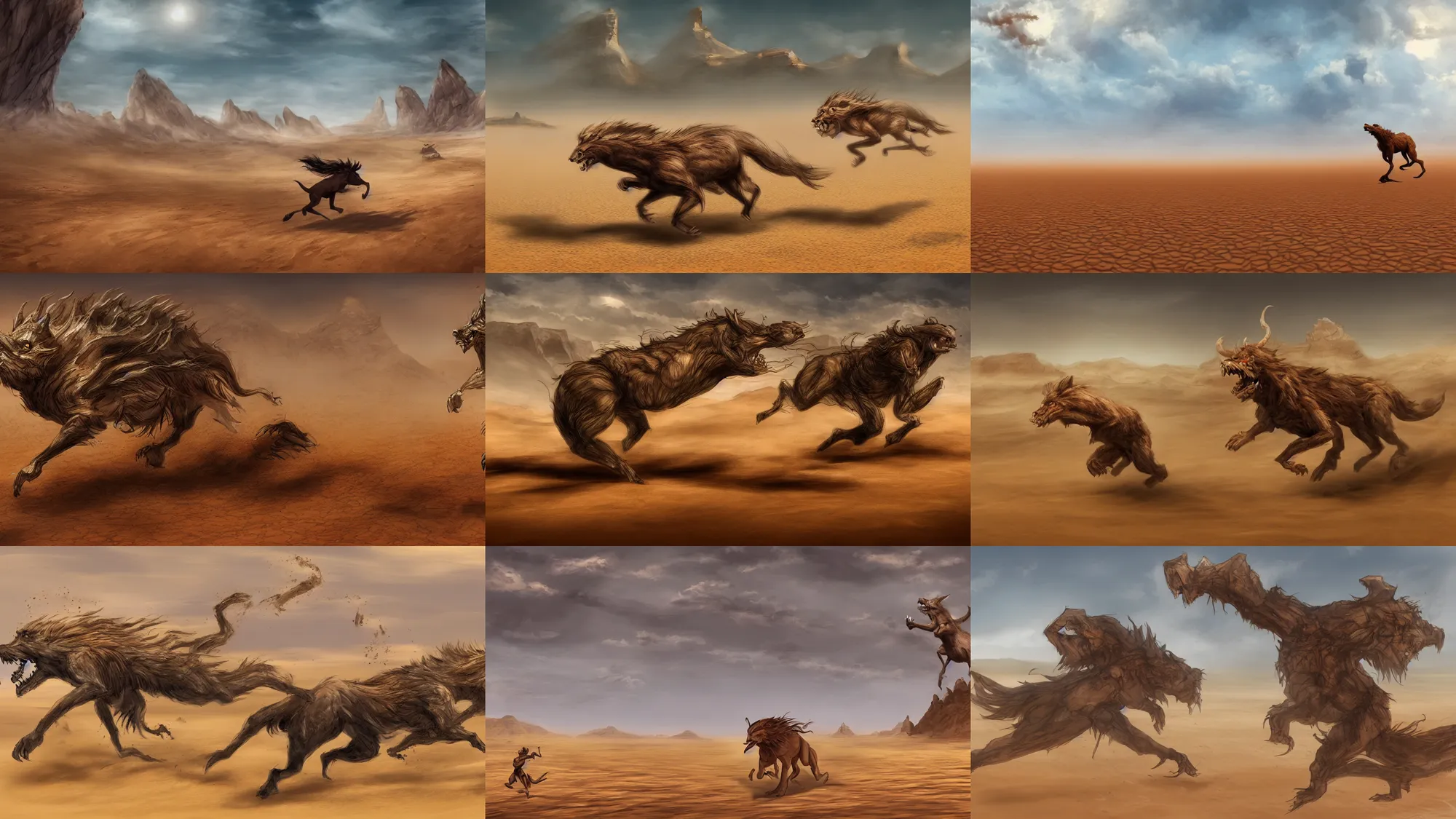 Prompt: beast running across the open desert, empty desert, sand, karst landscape, wide shot, fantasy concept art for ahmonkhet